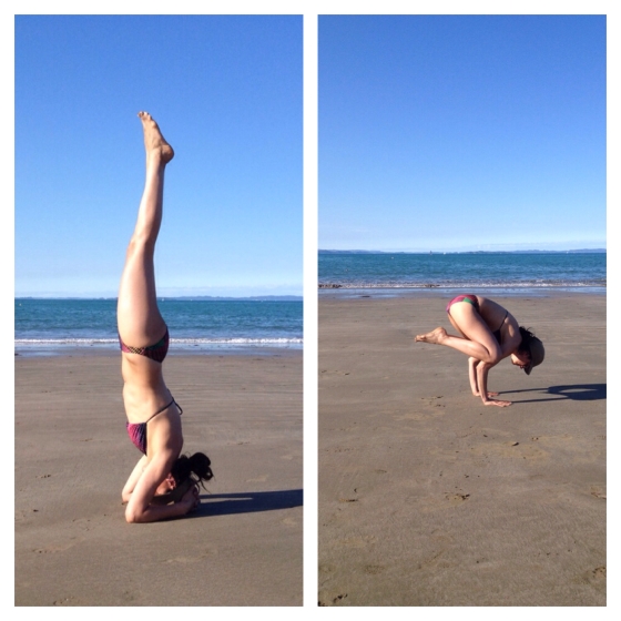 Practicing headstand and crane on the beach, prepping to transfer to the board